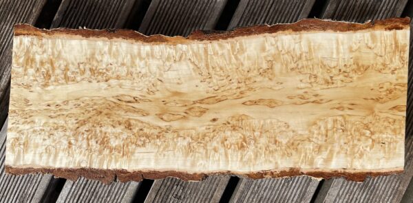 A large, flat piece of curly birch wood with natural edges, displaying a stunning pattern of burls and intricate grain details across its smooth surface.