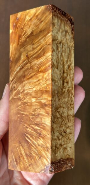 Stabilized rare wood cross cut block. Species: Karelian Masur birch, called also Curly birch in Nordics.